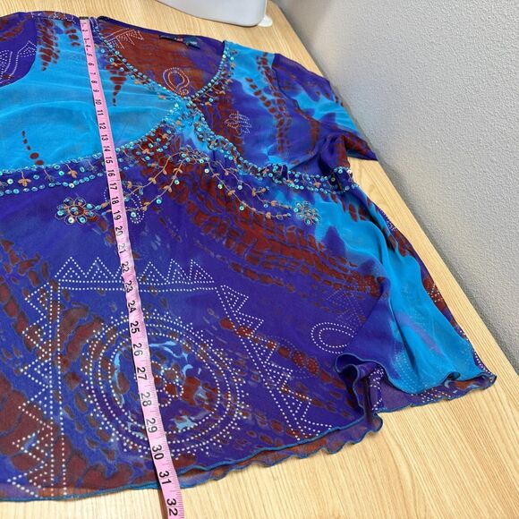 Vtg Y2k Beaded Babydoll Fairy Top Women 3X Blue Ethereal Sheer Gypsy Boho Hippie - Picture 14 of 15